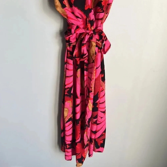 NEW J Crew Luxurious Red Gold Burgundy Palm Faux Wrap Midi Dress - Picture 7 of 13